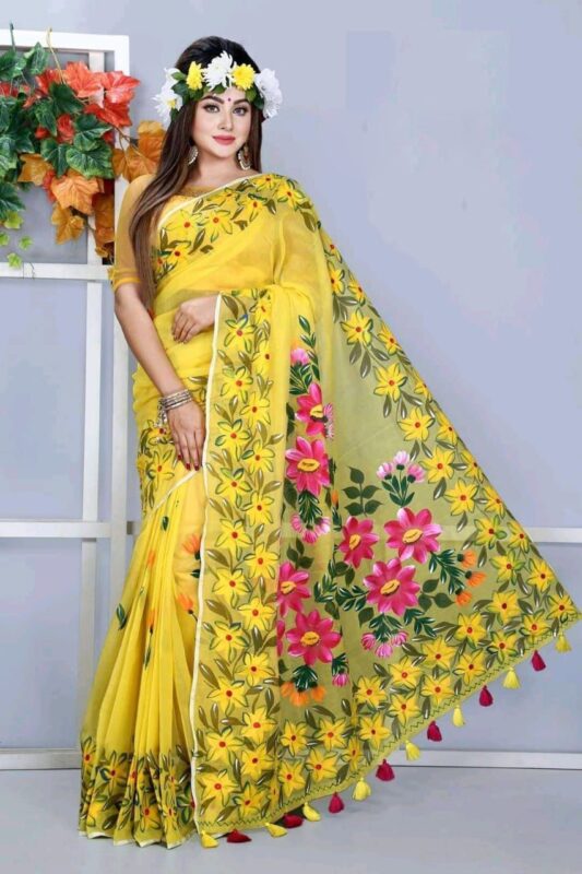 Hand Print Half Silk Saree for Women