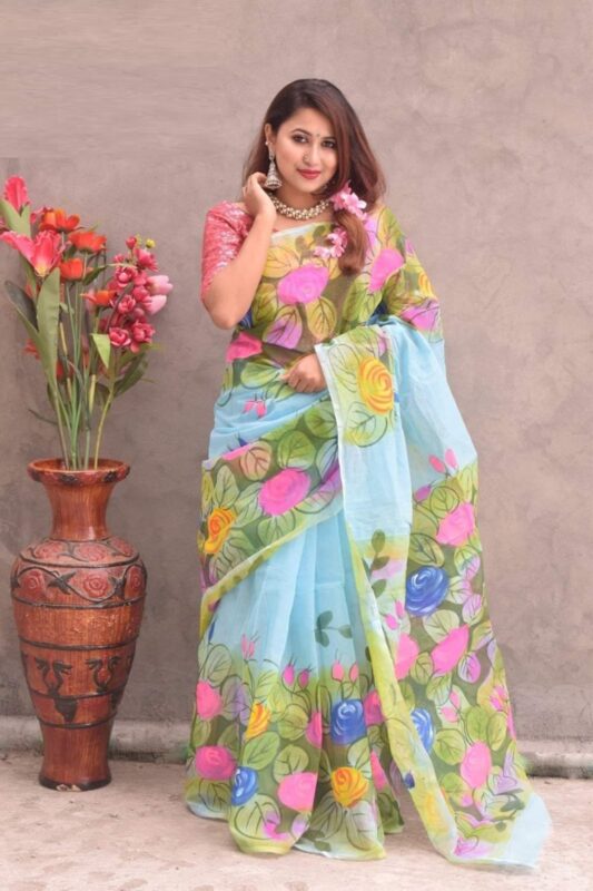 Hand Print Half Silk Saree for Women