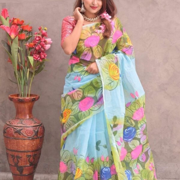 Hand Print Half Silk Saree for Women